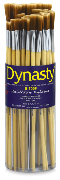 Bright Gold Nylon Acrylic Flat Brushes, Canister Set of 50